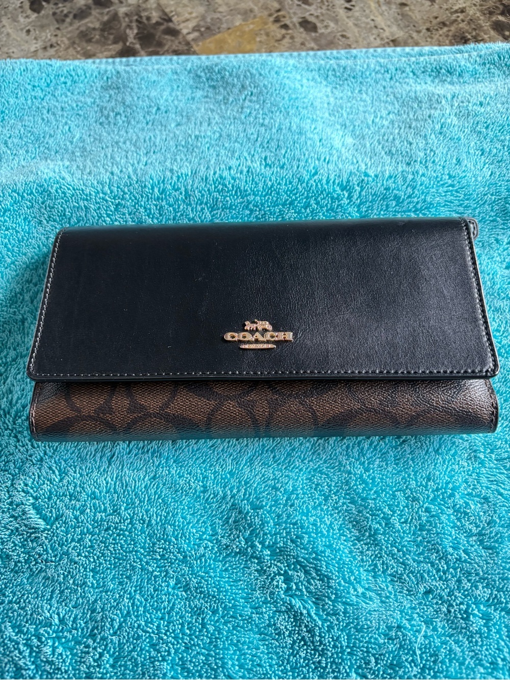 Coach Black Leather and Brown Signature Continental Wallet